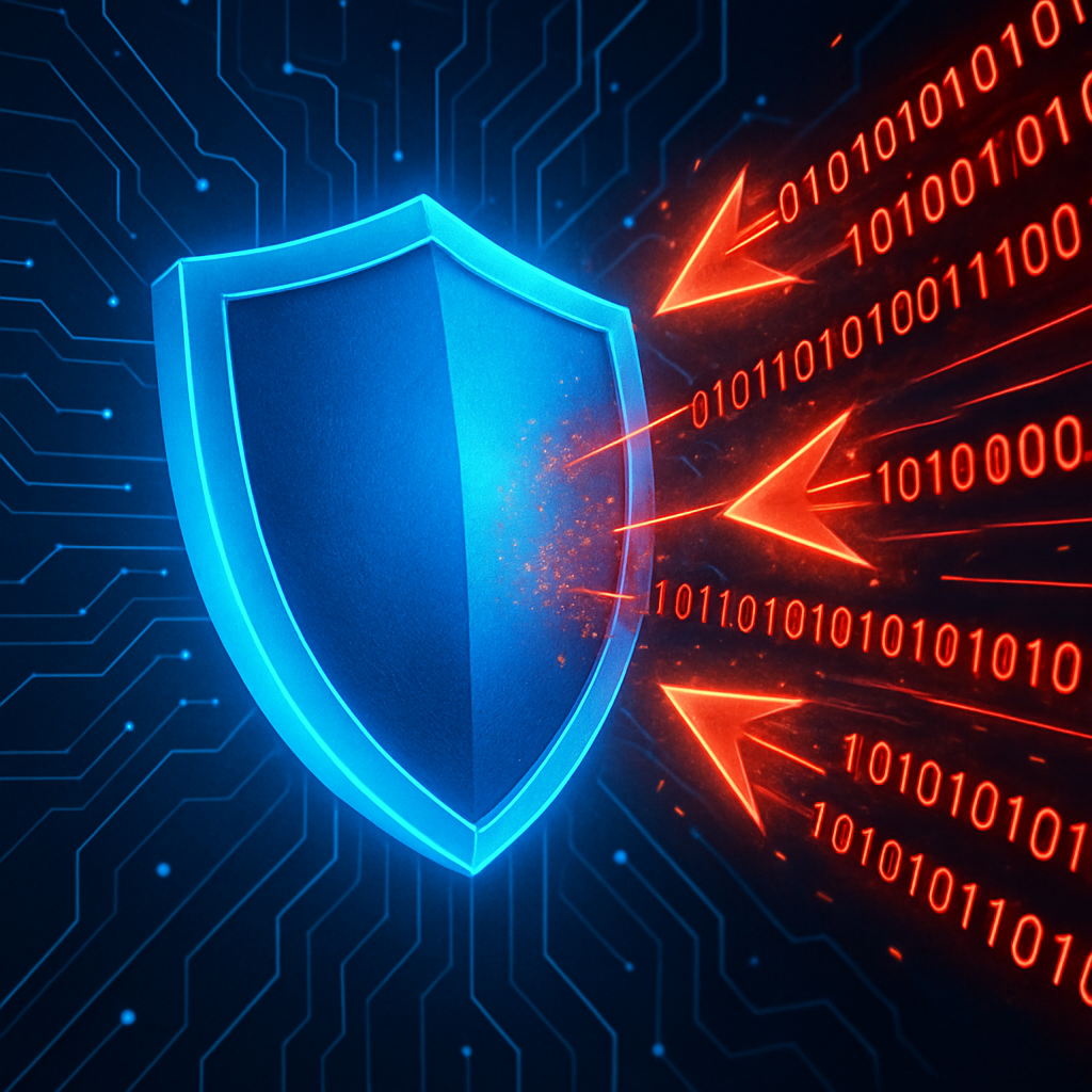 a shield deflecting cyber attacks